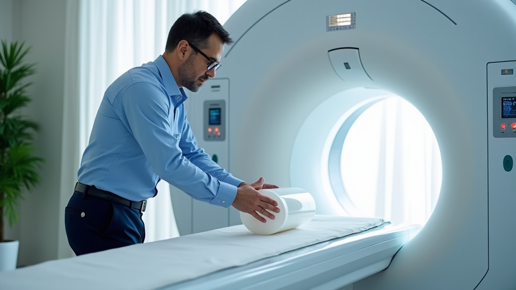 A physicist carefully positioning a CT image quality phantom on the scanner couch.