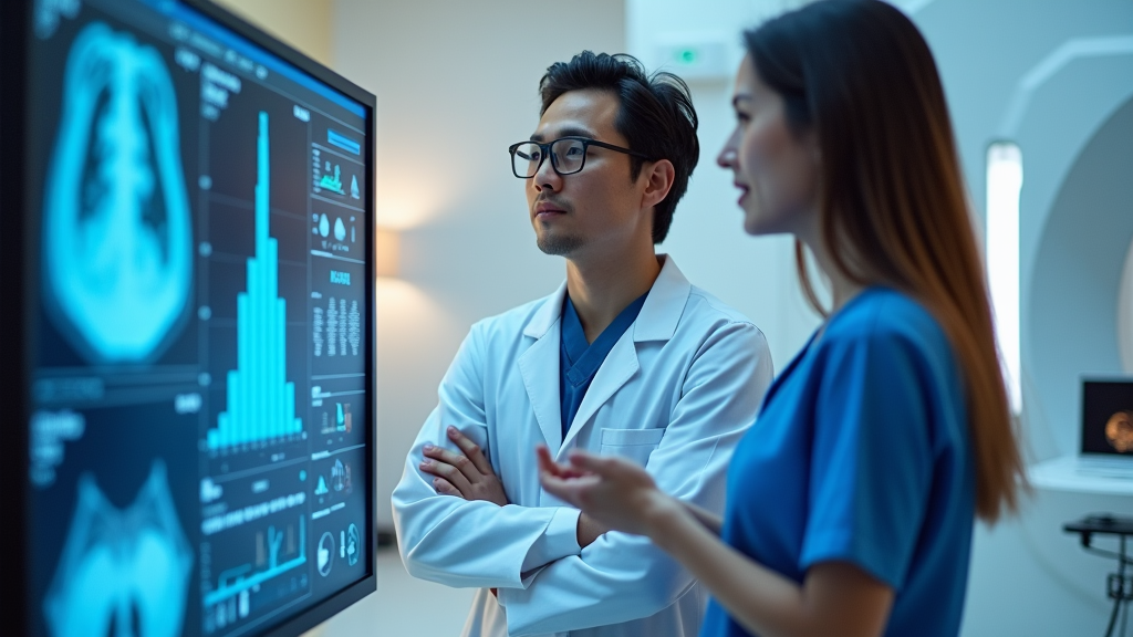 A physicist and radiologist optimizing CT protocol patient radiation dose.