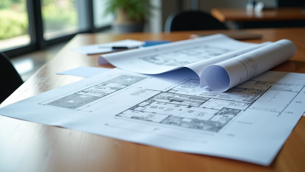 radiation shielding design blueprints spread out on a modern office conference table.