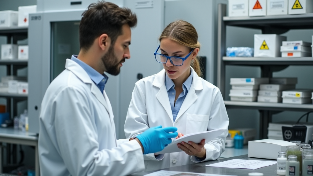 A physicist and nuclear medicine technologist discussing a document in a NM hot lab.